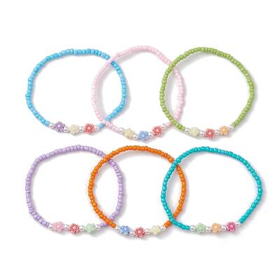 6Pcs 6 Colors Flower Acrylic Stretch Bracelets