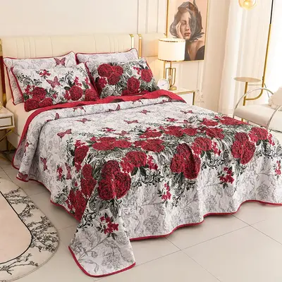 ML 5PCs Rose-Floral Quilt Bedspread Sets, Ultra Soft Floral Rose Flowers Coverlet Bedding Set with Printed Pattern, Microfibe...