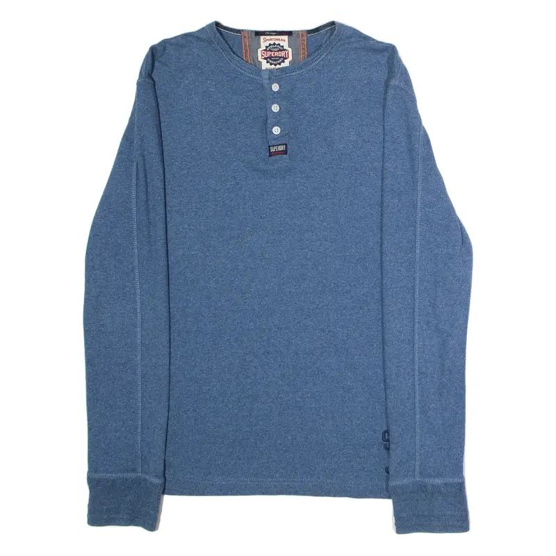 SUPERDRY Mens T-Shirt Blue Long Sleeve Button Neck L