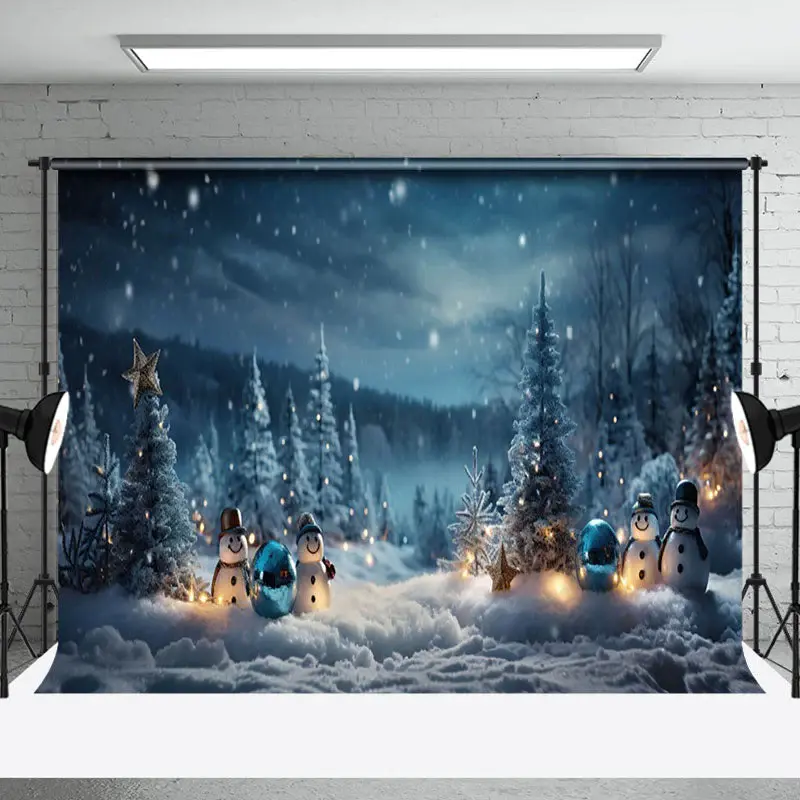 Aperturee Snowy Night Peaceful Forest Snowman Winter Backdrop