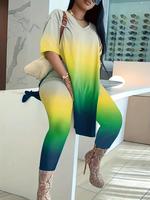 【Plus Size】Ombre Print Two-piece Set, Casual Split Hem Tee & Elastic Waist Leggings, 2 Piece Sets Women, Y2k Clothing Set...