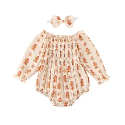 Baby Girls Christmas Romper Gingerbread Man Print Long Sleeve Jumpsuits and Cute Headband Set for Toddler Infant