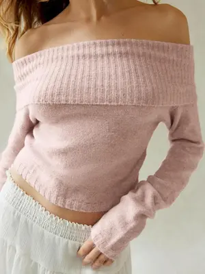 Women's Solid Color Off Shoulder Minimalist Sweater for Spring & Fall, Mean Girls Casual Chic Flattering Fit Long Sleeve Jump...