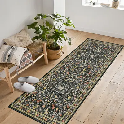 Garvee Floral Area Rugs Washable Non Slip Ultra Thin Boho Flower Indoor Carpet for Girls Room Nursery Playroom Black 2x6Ft
