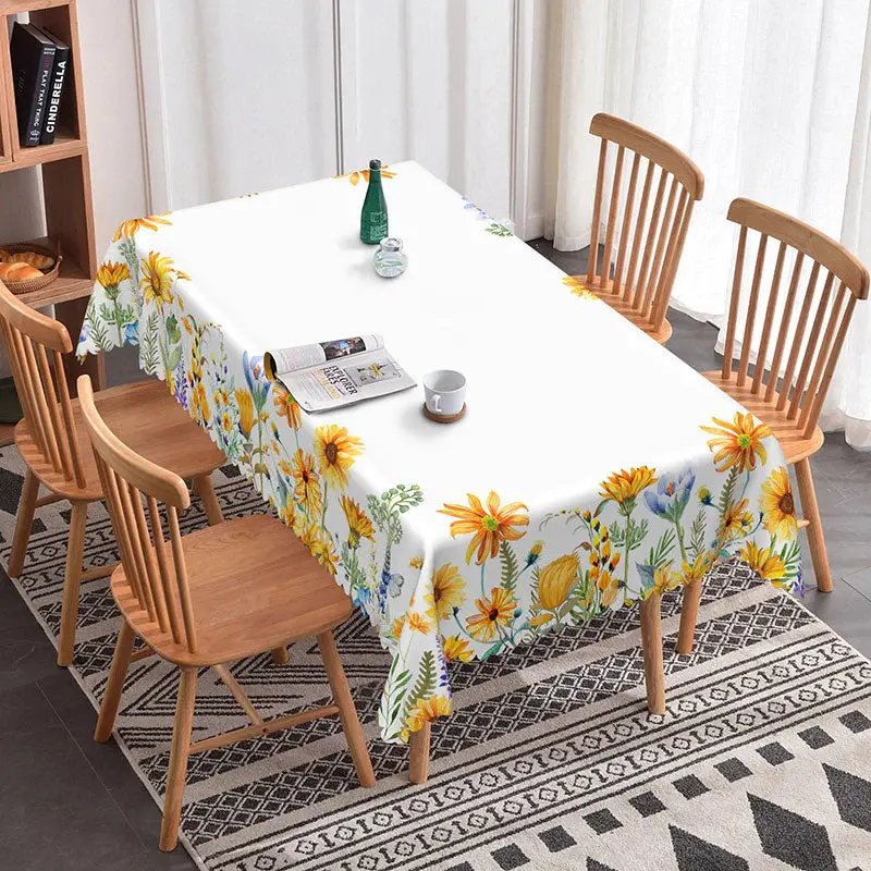 Aperturee Yellow Sunflowers Edge White Rectangle Tablecloth, 52x70 Inch, 30.82 USD, rectangle tablecloths, ZJY04671-A