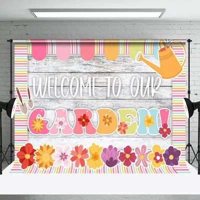 Colorful Floral Wooden Welcome To Our Garden Backdrop