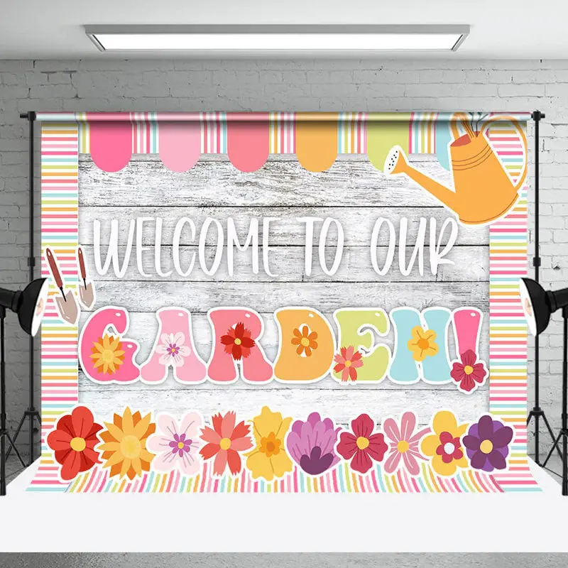 Colorful Floral Wooden Welcome To Our Garden Backdrop