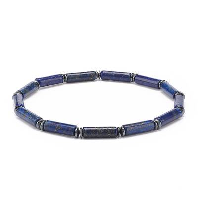 Natural Lapis Lazuli(Dyed) Column & Synthetic Hematite Stretch Bracelet