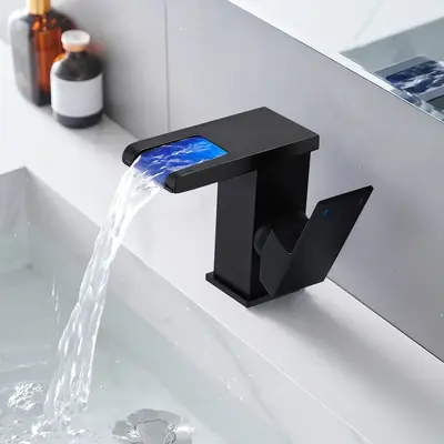 BESy LED Stainless Steel Waterfall Black Bathroom Faucet, Single Hole Bathroom Sink Faucet, 3 Colors Light Changing Single Ha...
