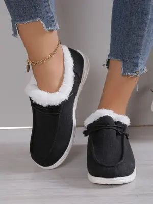 Women's 2024 Fashion Contrast Faux Fur Design Slip-on Shoes, Casual Comfortable Warm Thermal Lined Sports Shoes for Fall & Wi...