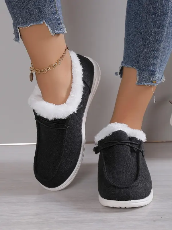Women's 2024 Fashion Contrast Faux Fur Design Slip-on Shoes, Casual Comfortable Warm Thermal Lined Sports Shoes for Fall & Wi...