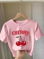 Women's Cherry & Letter Print Round Neck Tee, Casual Short Sleeve Crew Neck T-Shirt for Summer, Fashion Women's Top for Daily...