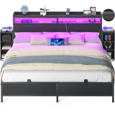 Homieasy King Size Bed Frame with Bookcase Storage Headboard and LED Light, King Bed with Slide Out Bedside Cabinet and Power...