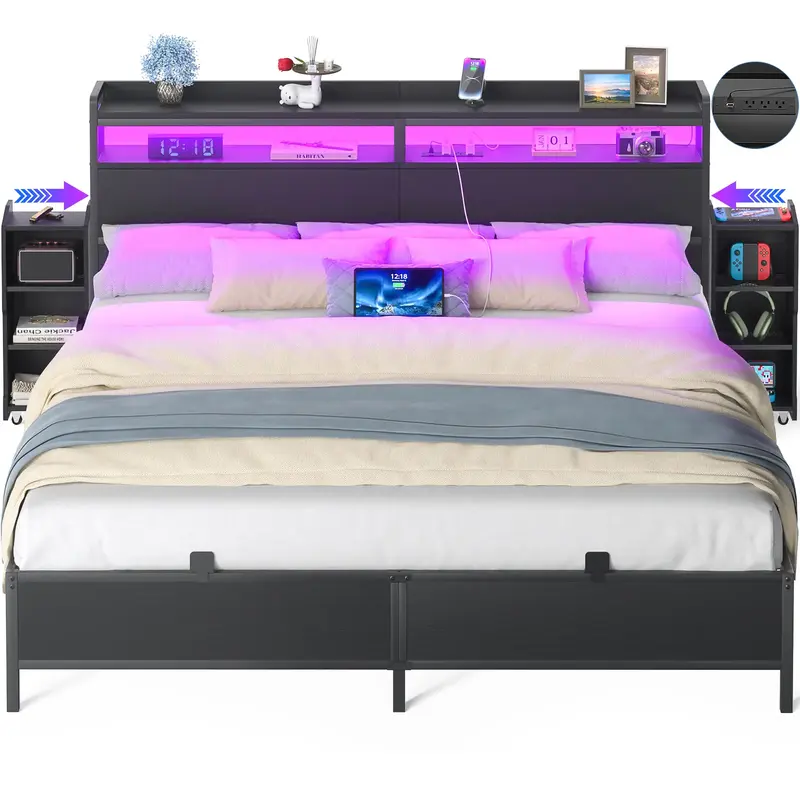Homieasy King Size Bed Frame with Bookcase Storage Headboard and LED Light, King Bed with Slide Out Bedside Cabinet and Power...