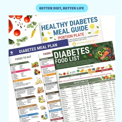 Set 3 Diabetes Food List Chart for Diabetic Food Chart Brochure, Diabetes Information Chart, Vitamin and Low Sugar Meal Plann...