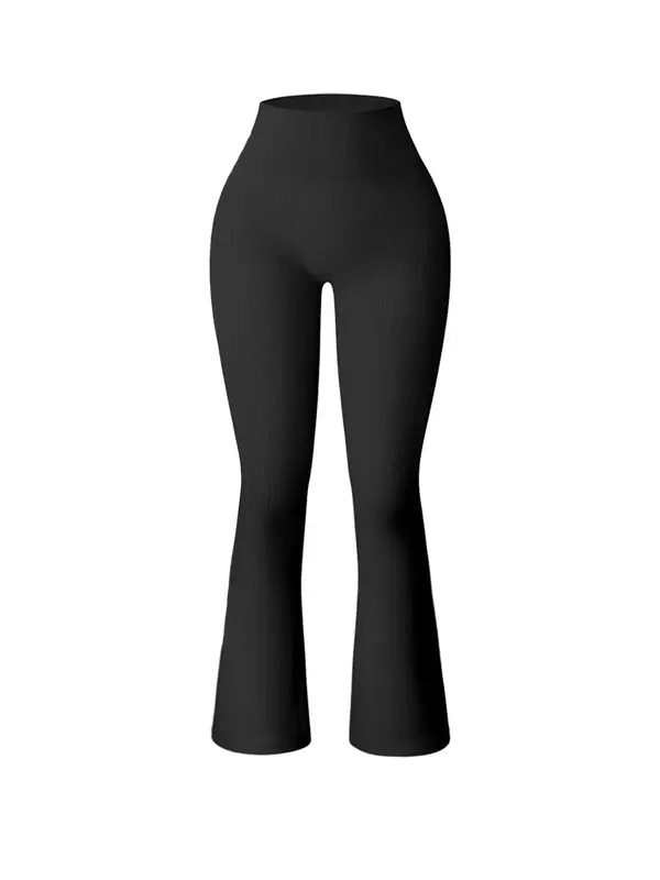 Women's Solid High Waist Sports Flare Leg Pants, Fold Over Flare Pants, Casual Comfy Breathable Seamless Yoga Bell Bottom Tro...