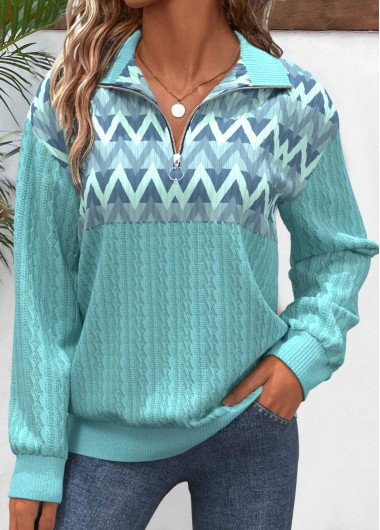 Modlily Mint Green Zipper Geometric Print Long Sleeve Sweatshirt - XXL