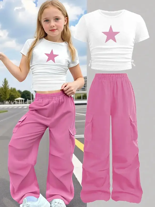 Girl's Star Print Tee & Pants Set, Casual Short Sleeve T-shirt & Trousers, Kids Summer Clothes for Daily Wear