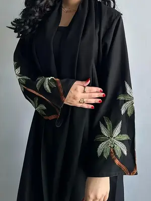 Women's Palm Tree Embroidery Long Abaya, Modest Muslim Casual Long Sleeve Open Front Abaya for Daily Wear, Women's Islamic C...