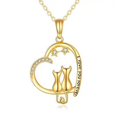 14K Gold Cubic Zirconia Cat & Heart & Star Pendant Necklace with Engraved Word