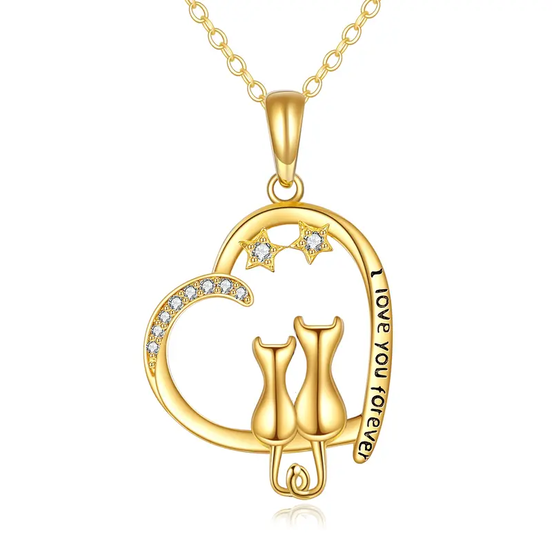 14K Gold Cubic Zirconia Cat & Heart & Star Pendant Necklace with Engraved Word