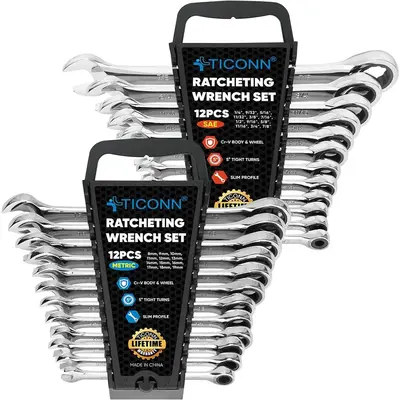 24PCS Ratcheting Wrench Set with Organizer Rack, Professional Slim Profile Mechanic Cr-V Ratchet (12PCS Inch (SAE) & 12PCS mm...
