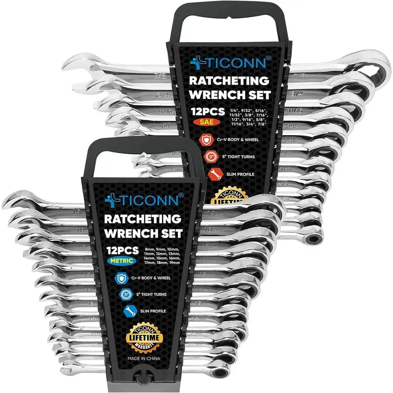24PCS Ratcheting Wrench Set with Organizer Rack, Professional Slim Profile Mechanic Cr-V Ratchet (12PCS Inch (SAE) & 12PCS mm...