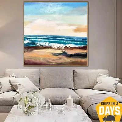 Abstract Seascape Painting On Canvas Blue Ocean Art Aesthetic Modern Coastal Blue Waves Artwork Decor | OCEAN BREEZE 33"...