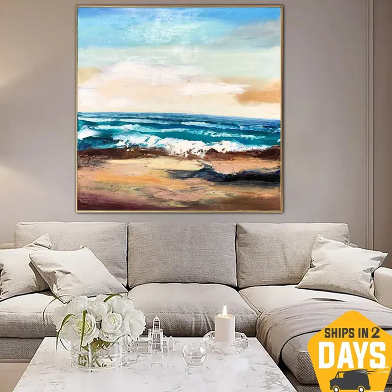 Abstract Seascape Painting On Canvas Blue Ocean Art Aesthetic Modern Coastal Blue Waves Artwork Decor | OCEAN BREEZE 33"...