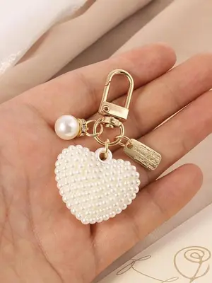 Faux Pearl Decorated Beads Heart Shaped Keychain, Cute Faux Pearl Decor Keychain for Women & Girls, Fashion Charm Accessorie...
