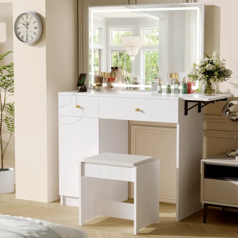 Vanity Desk with Large Lighted Mirror & Power Outlet, Makeup Vanity Table with Chair, Drawers & Fold-Up Panel, Dressing Table...