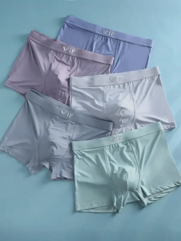 Men's VIP Letter Solid Breathable Boxer Briefs, Regular Fit Casual Panties, Fashion Comfortable Underwear Set, Summer Out...