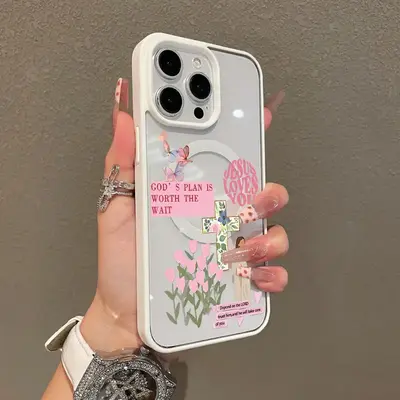 Premium Magnetic Case for iPhone11/12/13/14/15/16/17promax Jesus, pink religious collage | MagSafe Ready, Anti-Fall, and Ultr...