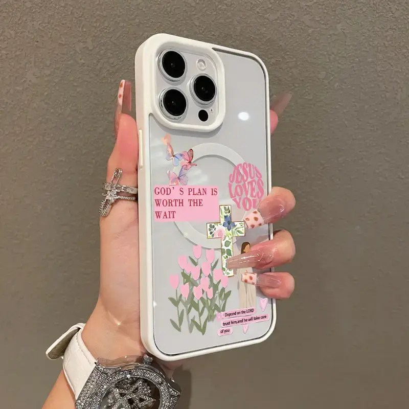 Premium Magnetic Case for iPhone11/12/13/14/15/16/17promax Jesus, pink religious collage | MagSafe Ready, Anti-Fall, and Ultr...