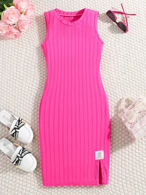 Girl's Plain Patched Split Hem Tank Dress, Casual Sleeveless Round Neck Ribbed Dress for Summer, Kids Clothes for Daily Wear