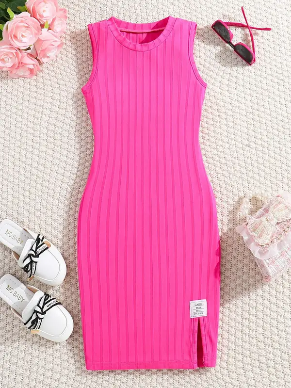 Girl's Plain Patched Split Hem Tank Dress, Casual Sleeveless Round Neck Ribbed Dress for Summer, Kids Clothes for Daily Wear