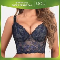 QOU Sexy Lace Bra, Push Up Bra, Deep V Neck Bustier Corset Top for Women, Blue Undergarment Shaping Lacy Fashion Shapewear, B...
