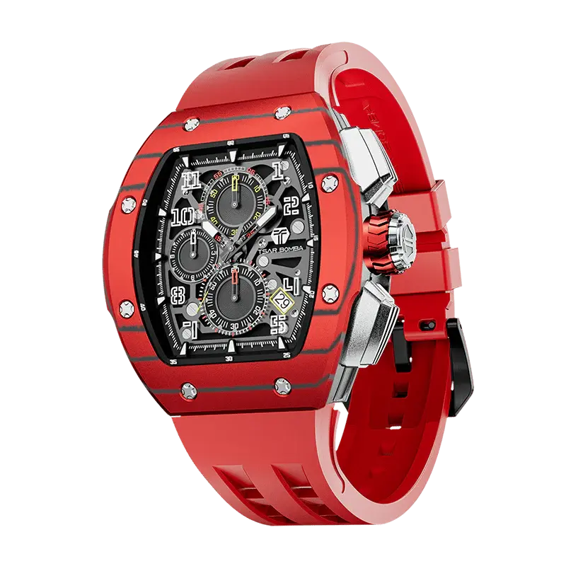 TSAR BOMBA Men's Quartz Watch | Red | Atomic TB8214 | Carbon Fiber Bezel | Luxury Sport Watch | 50M Waterproof Sapphire Glass...