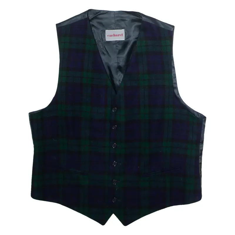 CACHAREL Mens Blazer Waistcoat Green Plaid L