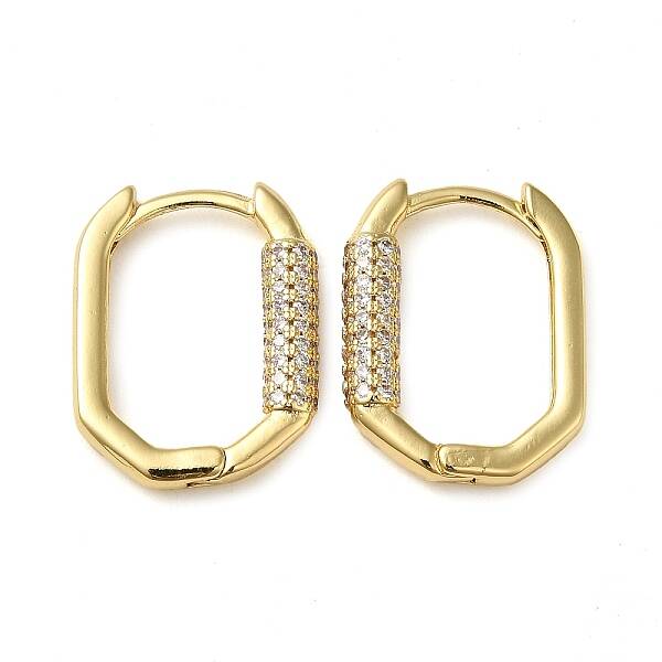 Oval Brass Hoop Earrings with Clear Cubic Zirconia