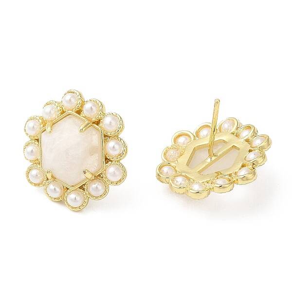 Ion Plating(IP) Natural Moonstone Hexagon Stud Earrings with Plastic Pearl Beaded