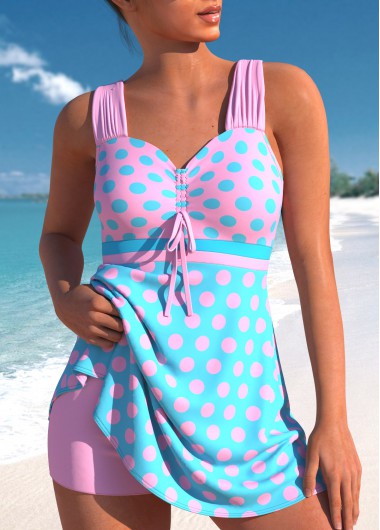 Modlily Criss Cross Mid Waisted Polka Dot Pink Swimdress Set - XL