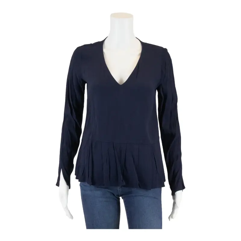 ZARA BASIC Pleated Blue V-Neck Long Sleeve Top Womens XS
