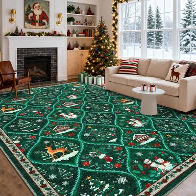 Garvee Christmas Living Room Rug 5x7 Green Area Rug with Non-Slip Backing, Washable Low Pile, Soft Polyester, Durable Stain R...