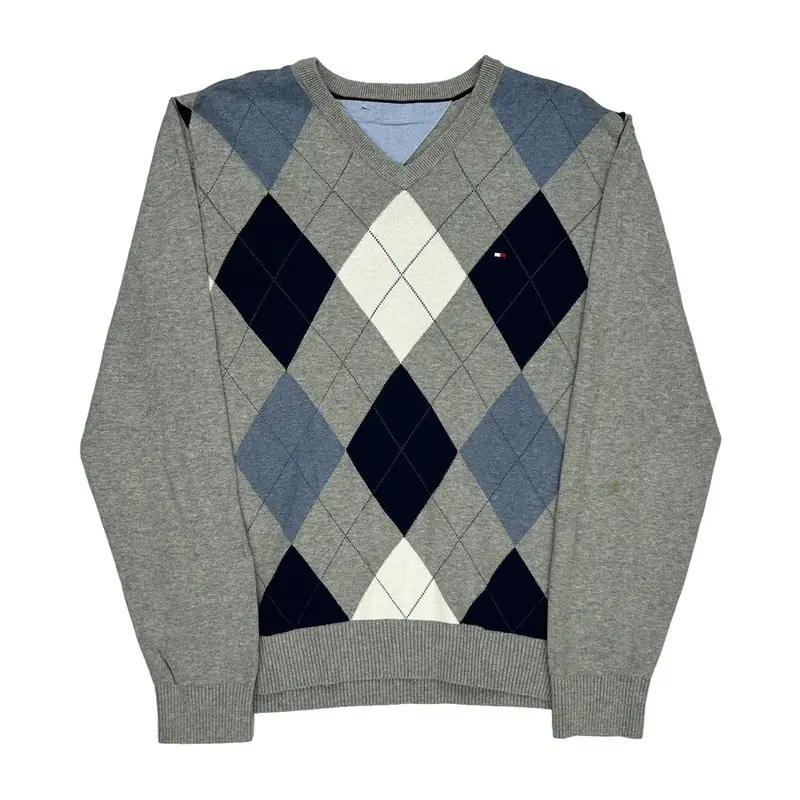 Tommy Hilfiger Argyle Jumper - Medium Grey Cotton Blend
