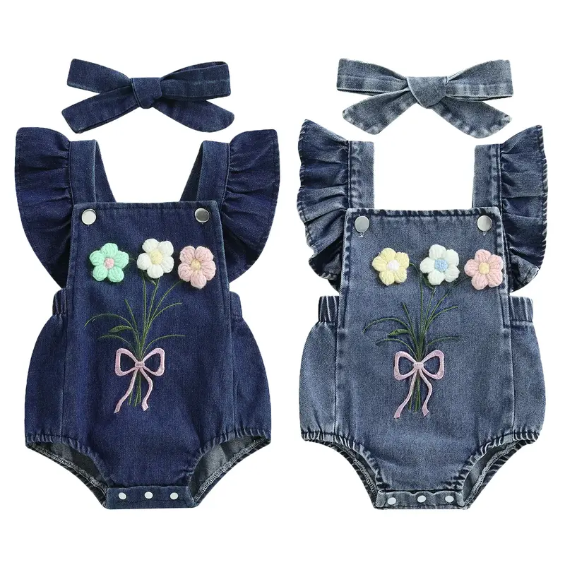 Newborn Baby Girls Summer Clothes Denim Romper Jumpsuit Infant Girl Summer 3D Flower Bodysuits Ribbed Short Sleeve  Headband