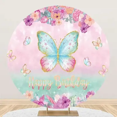Pink Green Butterfly Floral Round Birthday Backdrop - Aperturee