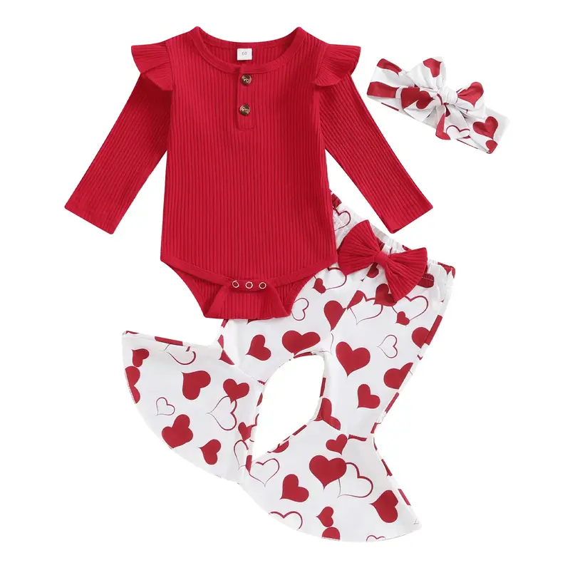Baby Girls Valentine’s Day Outfits Long Sleeve Bodysuit Ribbed Knit Romper + Heart Flare Pants + Headband Set Infant Clothe...