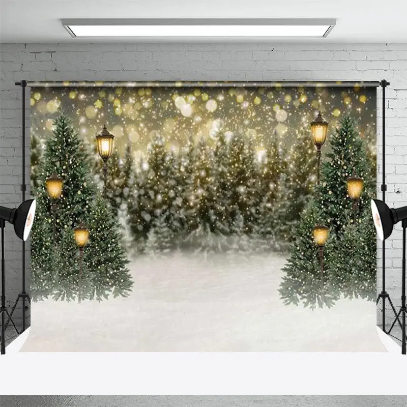 Glitter Street Lamp Snowfield Tree Winter Backdrop - Aperturee