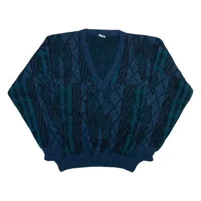 FREY Mens Patterned Jumper Blue Crazy Pattern V-Neck Tight Knit 3XL